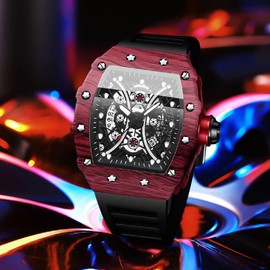 Tiong Black Red Men's Barrel Shaped Business Quartz Watch，Non Mechanical Watches for Men,Luminous Waterproof Silicone Men's Quartz Watch-Black Red