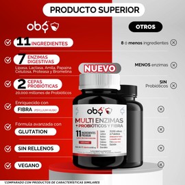 Oby Multi Enzimas digestivas, Probióticos | 7 tipos enzimas + Probióticos Bifidobacterium y Lactobacilos + Fibra Psyllium Husk + Glutation | 60 caps veganas 60 días