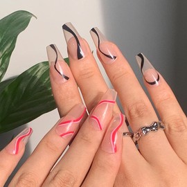 BABALAL Coffin Press on Nails Long Glue on Glossy Fake Nails Acrylic Ballerina Full Cover Stick on Nails 24Pcs with Design