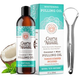 GuruNanda Oil Pulling (8 Fl.Oz) with Coconut & Peppermint Oil - Natural, Alcohol-Free Mouthwash with Tongue Scraper Inside the Box - Promotes Fresh Breath, Teeth Whitening, and Healthier Teeth & Gums