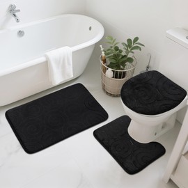 lfcforldx Bathroom Rug Sets 3 Piece, Memory Foam Non Slip Bathroom Rug, Toilet Rugs U Shaped Washable, Soft Absorbent Bath Mats for Bedroom, Kitchen, Black