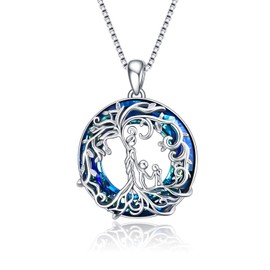 TOUPOP Tree of Life Necklace Birthday Present for Mum from Son Sterling Silver Family Tree 2 kids Pendant Blue Crystal Necklace for Mother and Daughter Jewellery Gifts for Mum Christmas Gifts