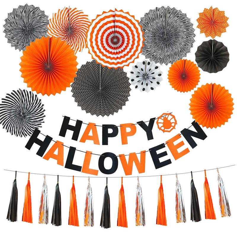 ペーパーファン 紙扇フラワー ハロウイン飾りラウンド ファン装飾キット オレンジ ブラック 12個セット 誕生日 結婚式 卒業式