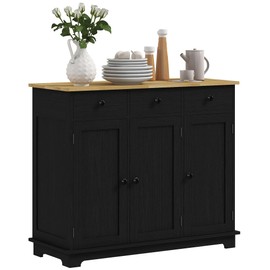 HOMCOM Sideboard with Solid Wood Countertop, Modern Kitchen Storage Cabinet, Coffee Bar Cabinet with 3 Drawers, Doors and Adjustable Shelf, Distressed Black