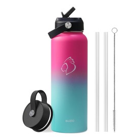 BUZIO Stainless Steel Water Bottle, 40oz Vacuum Insulated Double Wall Leak Proof Sports Water Bottle with Straw Lid and Flex Cap for Gym Travel Camping, Red Green