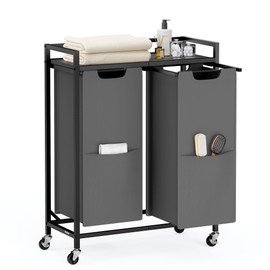 VASAGLE Laundry Sorter, 29 Gal. (110 L) Laundry Hamper Basket with 2 Compartments, Rolling Cart with Wheels, Shelf, Removable Bags, Pockets, Slate Gray and Charcoal Gray UBLH021G01