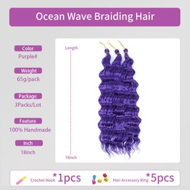Ocean Wave Crochet Hair, Deep Wave Braiding Hair, Curly Crochet Synthetic Braids, Hair Extension for Women (Purple#, 18 Inches, 3 Packs)