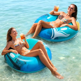 HeySplash Pool Tubes for Adult, 2 Packs 42 Inch Large Floats Tube Rafts with Handles, Inflatable Swimming Ring Lounge, Hawaii Fun Swim Floaties River Pool Beach Lake Party Decoration, Blue Green Beach