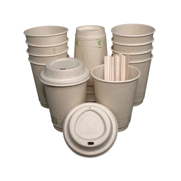 Certified Compostable Coffee Cups by Living Balance | 12oz - 75 cups with Bagasse Lids, Stirrers, and Integrated Sleeves