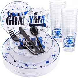 Liacere 150PCS Graduation Plastic Plates - Black and Blue Plastic Plates, Graduation Party Plates include 50Plates 25Knives 25Forks 25Spoons 25Cups for Graduation Party