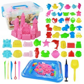 Play Sand Kit, 54Pcs Sandbox Toys Set for Boys Girls, 3lbs Magic Pink Sand, Mold Tools, Inflatable Tray, Storage Box, Funny Birthday Christmas Gift