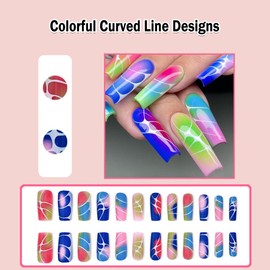 ANDGING Colorful Ombre Press on Nails Square Long Glue on Nails for Women Coffin Fake Nails with Curved Designs Blue Green Artificial Acrylic Stick on Nails Gel Manicure False Nails for Wedding