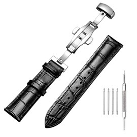 Nice Pies Genuine Calfskin Leather Watch Band,Alligator Grain Deployment Butterfly Buckle Replacement Strap for Men Women 18mm 20mm 22mm 24mm, Black, 22mm, Traditional