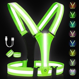 Adiwo LED High Visibility Vest, Reflective Safety Vest Set, LEDs Day and Night Motorcycle Cycling, for Bicycle, Car, Running Vest, Jogging, High-Vis Reflective for Women, Men, Children, Green