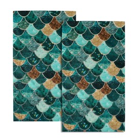 Giwawa Mermaid Hand Towels Set of 2, Teal Golden Fish Scale Turquoise Larger Hand Towel, Summer Aqua Gold Brown Bath Tea Bar Towels Fast Drying for Home Bathroom Hotel Spa Decor