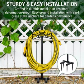 MyGift Metal Garden Hose Holder Stake, Modern Matte Black Metal Outdoor Garden Hose Holder Rack with Yard Grass Stake Anchors