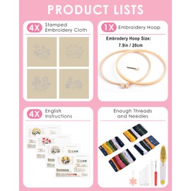 TINDTOP 4 Sets Embroidery Kit for Adult, Panda Embroidery Practice Kits for Beginners Include Embroidery Cloth Hoops Threads for Craft Lover Hand Stitch with Embroidery Skill Techniques