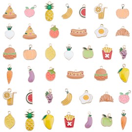 PH PandaHall 40pcs Fruit Vegetable Pendants, 20 Styles Food Charms Enamel Strawberry Peach Mango Pumpkin Pizza Bread Dangle Pendants for DIY Necklace Bracelet Earrings Jewelry Making