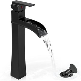 HOIGY Vessel Sink Faucet Black, 12 Inch Waterfall Tall Bathroom Faucet One Hole with Pop-Up Drain & Pre-Installed Hoses, Single Handle for Bathroom Sink Bowl Deck Mount, Modern, Brass Material