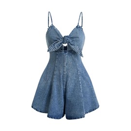 OYOANGLE Women's Vintage Bowknot Spaghetti Strap Denim Romper Sleeveless Wide Leg Jean Short Jumpsuits Light Wash X-Large