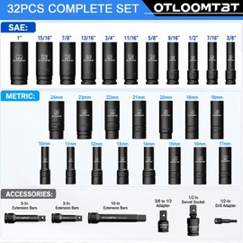 OTLOOMTBT 32PCS Impact Socket Set 1/2" Drive Metric & SAE Deep Sockets