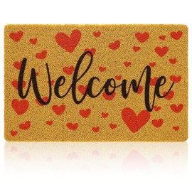 Tinideya Decorative Door Mat, Welcome Door Mat with Rubber Washable Non Slip Backing Coir Mat for Porch Entry Staircase Bathroom Decor, 18" x 30"(Red Heart)
