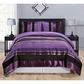 Grand Linen Chenille Bedding 3 Piece Queen Size Royal Purple, Black, Silver Grey Jacquard Striped Bed in A Bag Down Alternative Comforter Set. Perfect for Any Bedroom or Guest Room