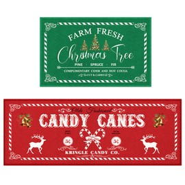 Farmhouse Christmas Kitchen Rugs, Red Green Xmas Tree Kitchen Mats Set of 2 for Home Indoor Holiday Kitchen Rugs with Candy Canes Washable Non-Slip Carpet Winter Bathroom Christmas Decor - 17x28x17x47