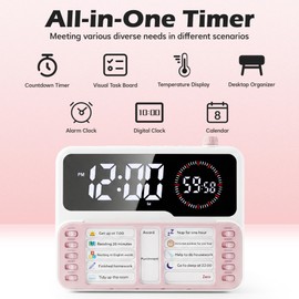 Visual Timer for Kids/Adults, ADHD Tools for Kids with Visual Schedule, 6-in-1 Time Timer with Alarm/Countdown/Digital Clock/Chore Chart, Smart Autism/ADHD Task Timer for Home Classroom - Pink