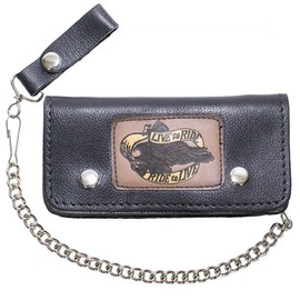 Dream Apparel Live To Ride Bifold Chain Wallet for Men and Women, Cowhide Leather Motorcycle Biker Wallet with Anti-Theft Steel Chain, Black & Brown ID Card Holder Trucker Wallet with Snap Closure