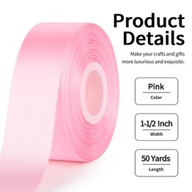 Mauproy 1-1/2 Inch Wide Pink Satin Ribbon, 50 Yards Solid Polyester Fabric Ribbon for Roses Making, Gift Wrapping, Wedding Decorations, Crafts, Bows, Flower Bouquets