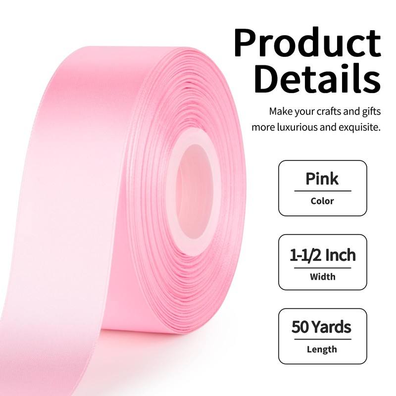 Mauproy 1-1/2 Inch Wide Pink Satin Ribbon, 50 Yards Solid