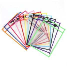 ACONDE Pack of 10 Dry Erase Bags, Reusable A4 Dry Wipe Bags with 10 Whiteboard Pens, 2 Erasers and 2 Stainless Steel Rings, for Office and School, multicoloured, Transparent