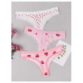 WDIRARA Women's 3 Pack Cute Graphic Panties Set Lace Trim Low Rise Comfy Thong Underwear Pink Large