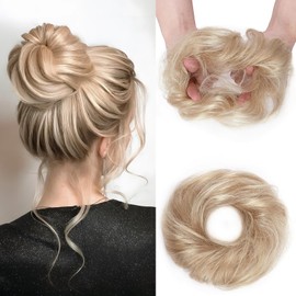 Elailite Messy Hair Buns Scrunchy Updo HairPiece Real Remy Human Hair Extensions Donut Chignons Curly Wavy Highlighted - Mix #18/613 Ash Blonde & Bleach Blonde