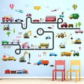 DECOWALL DS9-8090 Vehicles and Roads Wall Stcikers Decals Nursery Home Decor Kids Transports Peel Stick Removable Bedroom Construction Car Truck Tractor Boys Playroom