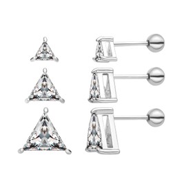3 Pairs Surgical Stainless Steel Screw Back Stud Earrings, Heart Square Princess Cut Horse Eye Teardrop Triangle Cubic Zirconia Stud Earrings Set (Triangle)