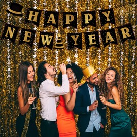 Happy New Year 2024 Banner, Black and Gold Happy New Year Party Supplies, Hanging Bunting for New Year's Eve Party Supplier Decorations - Home Holiday Decorations¡­