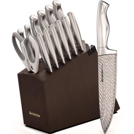 Astercook Knife Set 15 Pcs Kitchen Knives Block Set, Stainless Steel Handles Dishwasher Safe