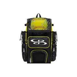 Boombah Superpack Bat Bag - Backpack Version (no wheels) - Holds 4 Bats - Softball Highlight Bat Bag 2.0 Black/Optic Yellow/Red