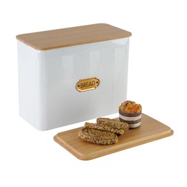 HOME PALETTE Extra Large Bread Box for Kitchen Countertop Corner Breadbox for Homemade Bread Metal White Diagonal Stripe Pattern Embossed Storage Container Bin with Bamboo Lid Fits 2 Loaves of Bread