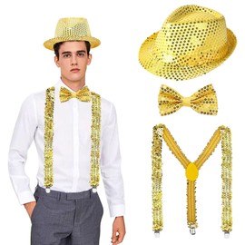 NYZQIW Glitter Outfit Men's New Year's Eve Costume Accessories, Sequin Top Hat Suspenders and Bow Tie, Glitter New Year's Eve Outfit, for Carnival Party Show, Costume Party Accessories, a