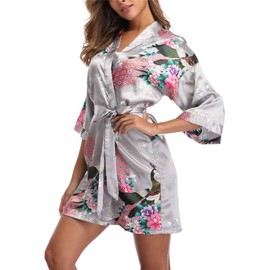 Women's Satin Kimono Robes Peacock and Blossoms Printed Bridesmaid Wedding Nightgown Sleepwear Grey