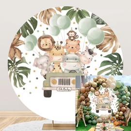 OERJU 6.5x6.5ft Safari Jungle Animals Oh Baby Round Backdrop Zoo Animals Tropical Leaves Baby Shower Circle Backdrop Cover Safari Party Decoration Drive by Birthday Photo Booth Background