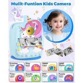 CHRERNA Kids Camera Instant Print, Christmas Birthday Gifts for Grils Age 3 4 5 6 7 8, 48MP &1080P Digital Kids Camera for Girls with 32GB Card, Kids Toy Instant Camera for Kids 3-10 Year Old Boys