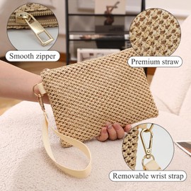 AdiStylinno Womens Straw Clutch Bag, Bohemian Straws Bag for Women Small Straw Handbag Woven Clutch Purse with Zip Wristlet Wallet Summer Straw Beach Bag for Holiday Party Beach (Cream-colored)