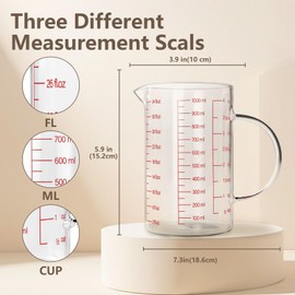 WhiteRhino 34Oz/4Cup Glass Liquid Measuring Cup With Handle,High Borosilicate Glass Three Scales (OZ, Cup, ML/CC) for Kitchen or Restaurant, V-Shaped Spout Glass Measuring Beaker,Easy To Read(1000ML)