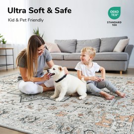 Lessymo 8×10 Area Rugs Washable for Living Room, Large Soft Indoor Rug Non-Slip for Bedroom Kitchen Dining Room Dorm Nursery, Vintage Boho Carpet Stain Resistant for Office Home Decor, Grey/Brown