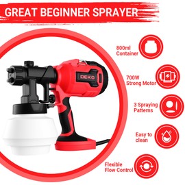 DEKOPRO Paint Sprayer, 700W Electric Spray Paint Gun for House Painting Furniture Cabinets Fence Walls Door Garden Chairs, Easy to Clean 4 Nozzles and 3 Patterns 800ml Container Red