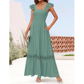 ZESICA Women's 2025 Summer Lace Strap Sleeveless Square Neck Smocked High Waist Ruffle Hollow Out Flowy A Line Maxi Dress,Green,X-Small